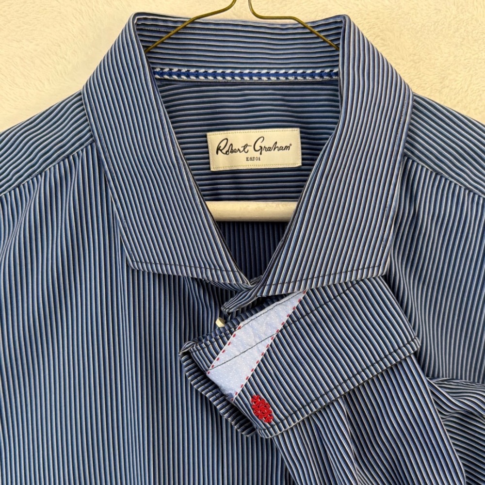 Robert Graham Mens‎ 18.5 34/35 Big Blue Striped Long Sleeve Button Down Shirt